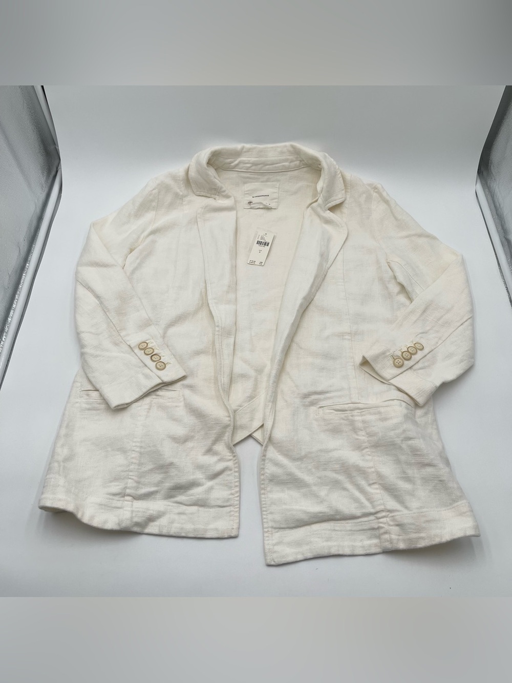 Anthropologie Linen Blend Open Front Blazer Tulip Hem Back Jacket Cream Size 6 - Picture 6 of 16
